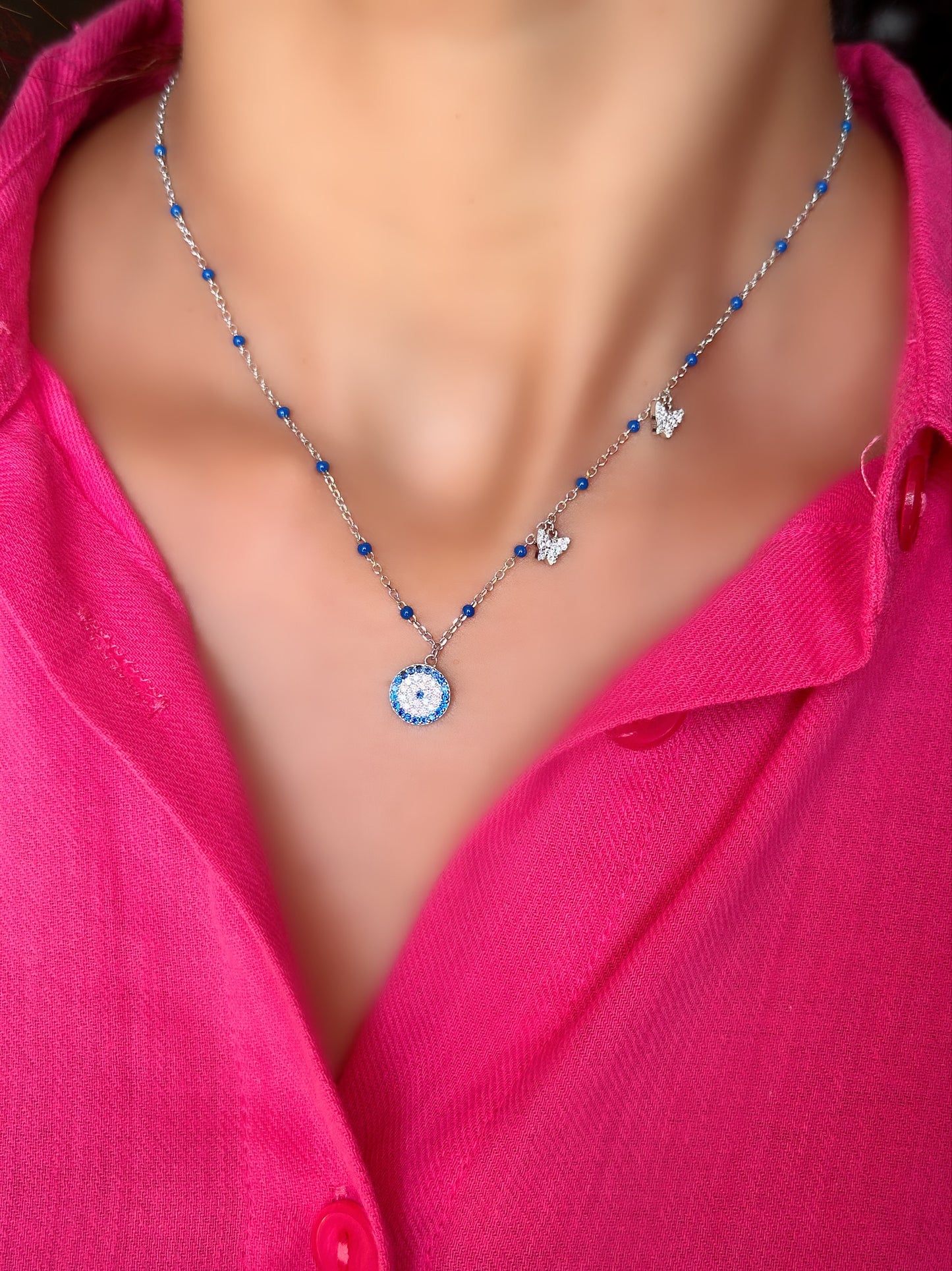 Blue Beads Necklace With Evil Eye & Small Butterflies