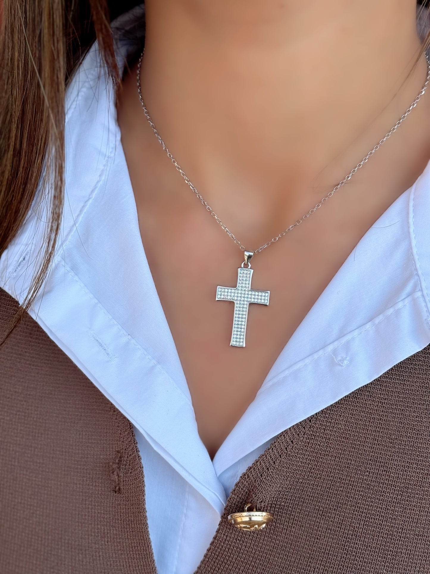 Big Cross Necklace With White Zircon Stones