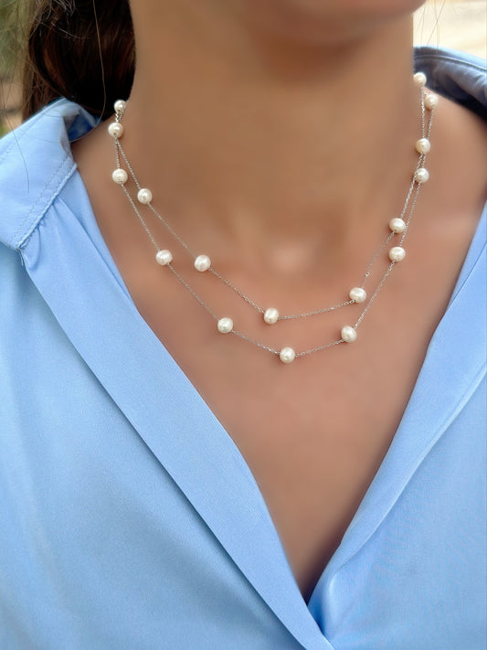 Two Layers Necklace With Multiple Real Pearls