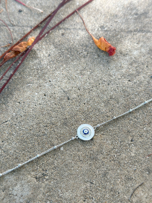 White & Blue Evil Eye Round Design Bracelet With Small Beads