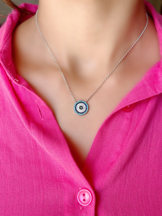 Round Evil Eye Luck Necklace With Blue Colors