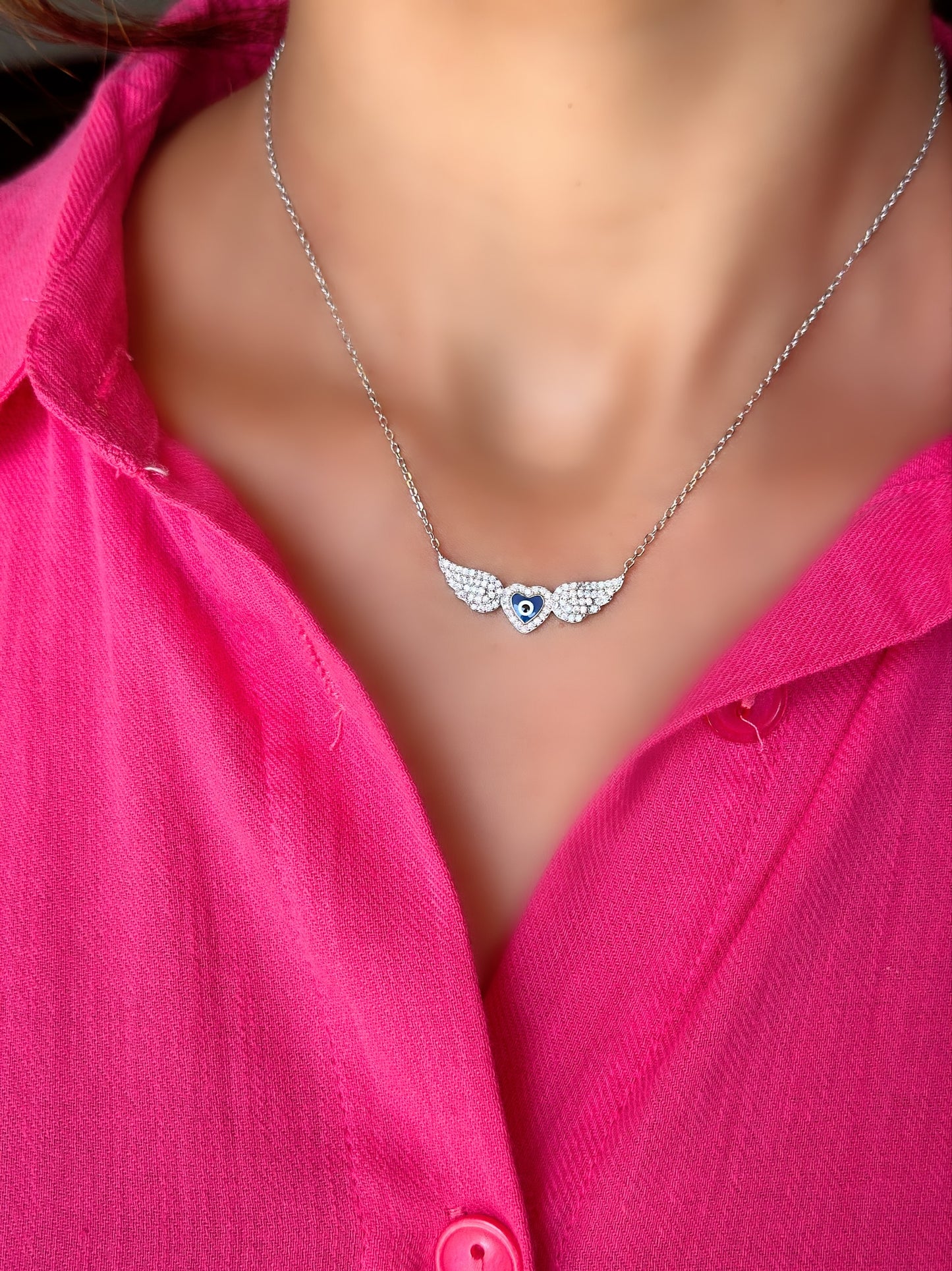 Wing Necklace With Heart Shape Evil Eye