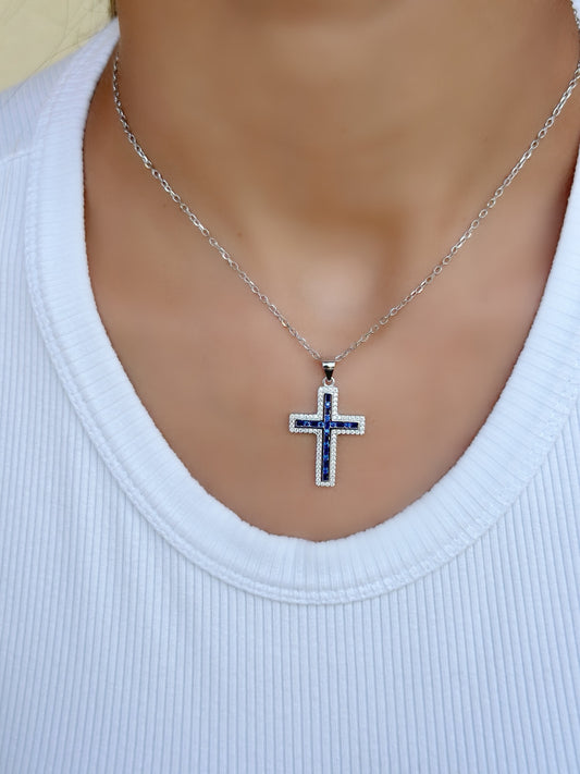 Big Cross With Navy Blue Stones Necklace