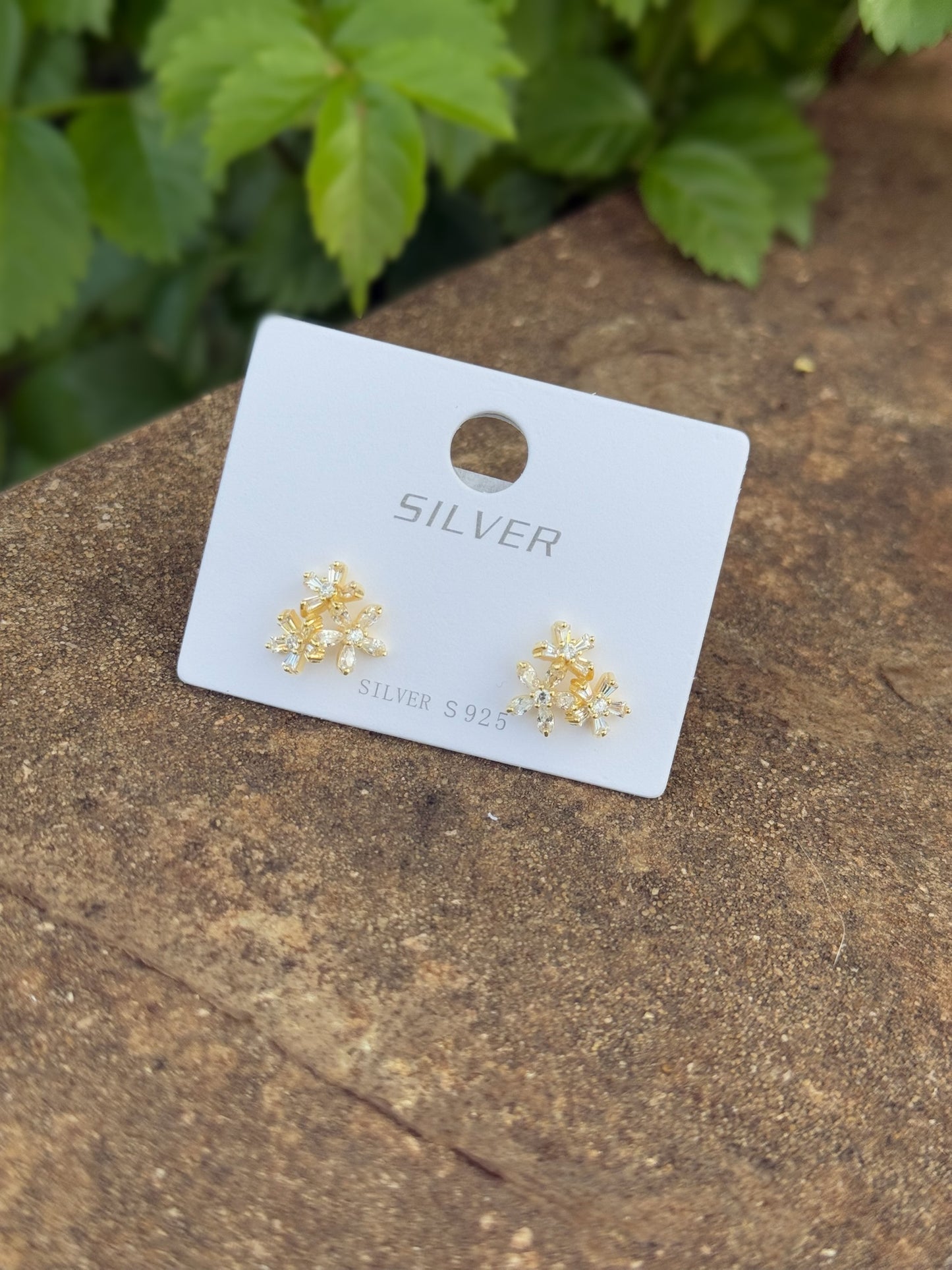 Silver 925 Gold Plated Three Flowers Design Earrings