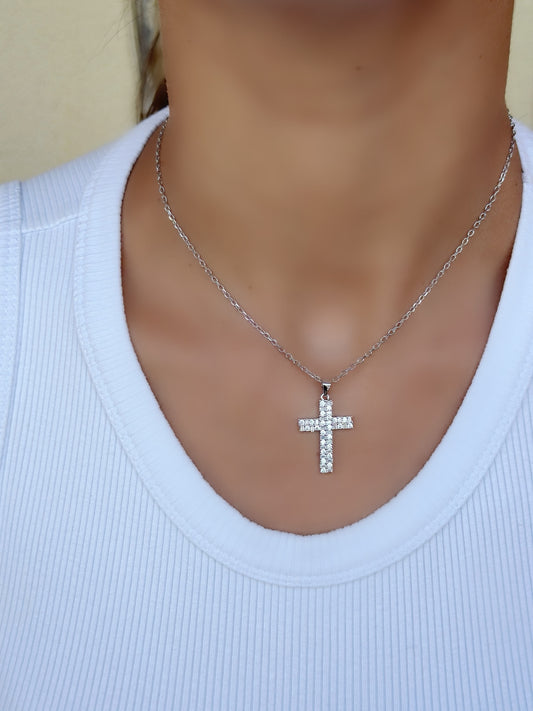 Big Cross With White Stones Necklace