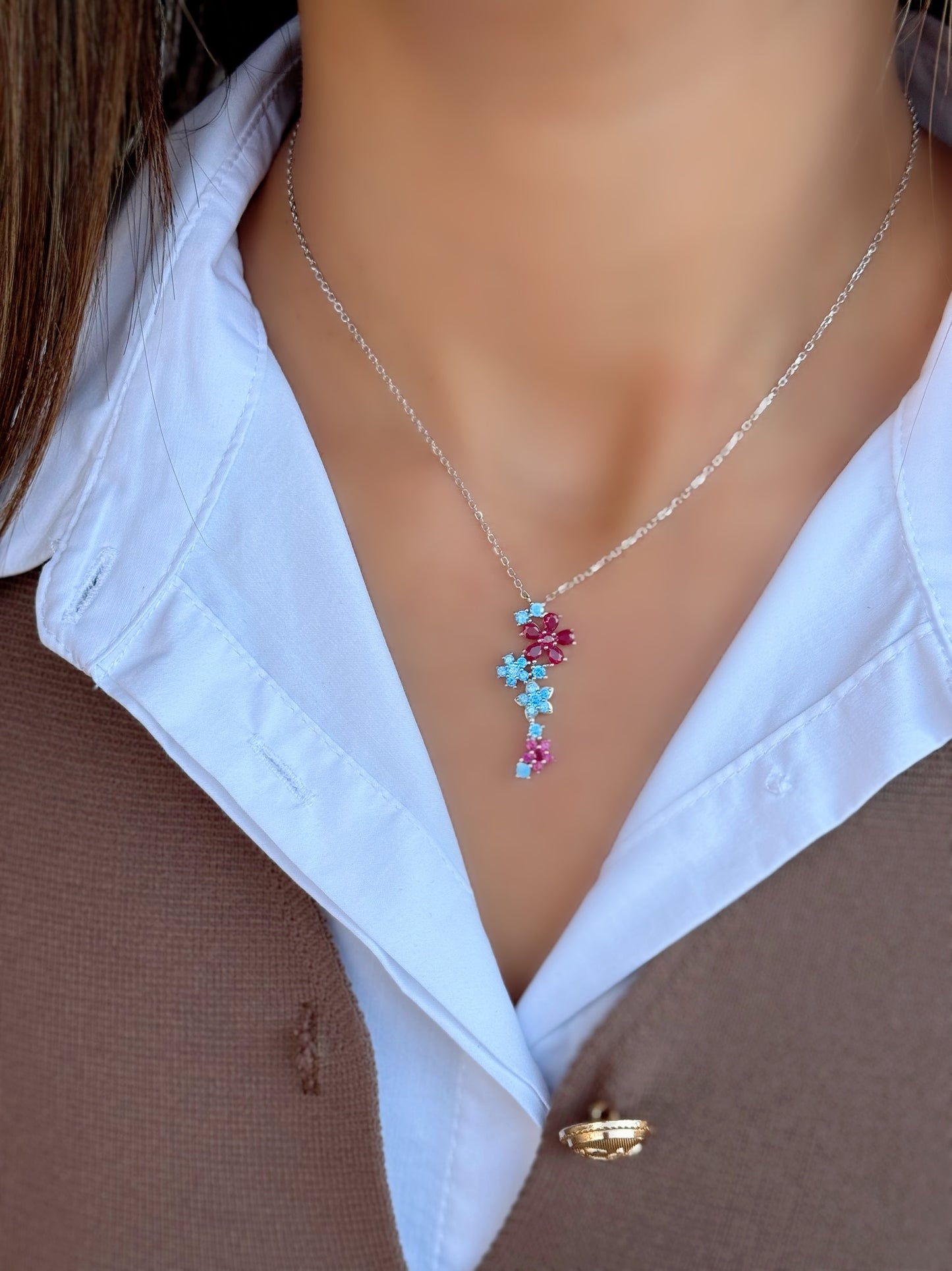 Blue & Fuchsia Flowers Design Necklace