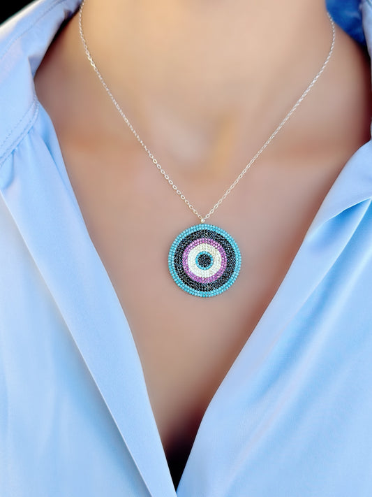 Big Round Evil Eye Design Necklace With Multiple Stones Colors