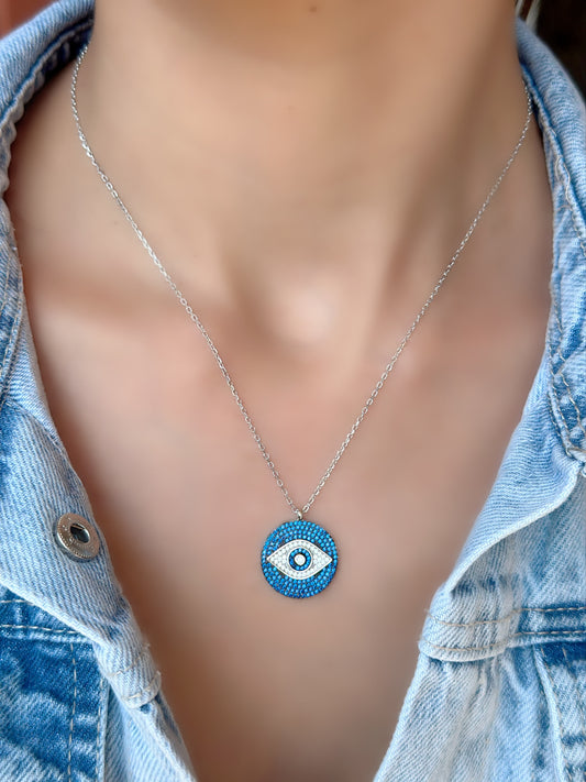 Round Eye Necklace Blue & White Stones