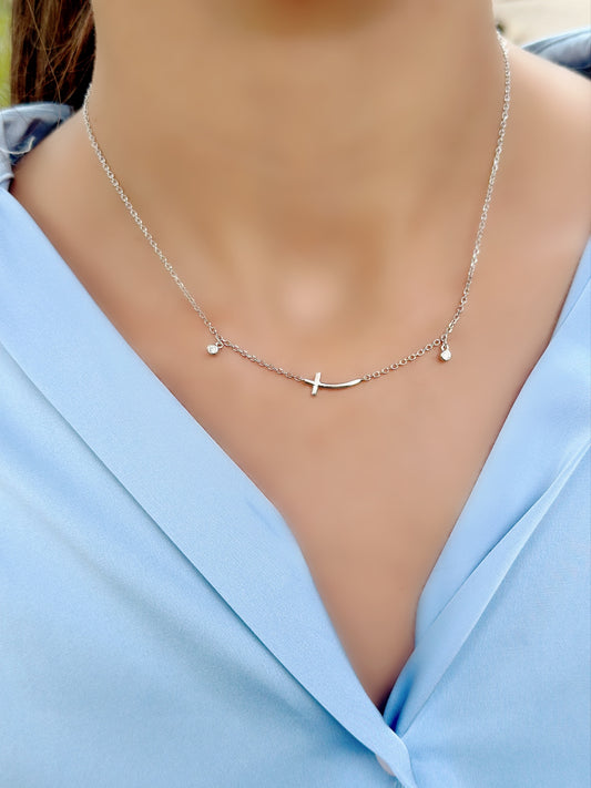 Curved Cross Necklace With Two White Round Stones