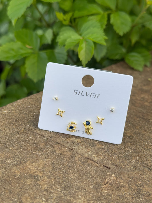 Silver 925 Gold Plated Stars & Astronaute Set Of Earrings