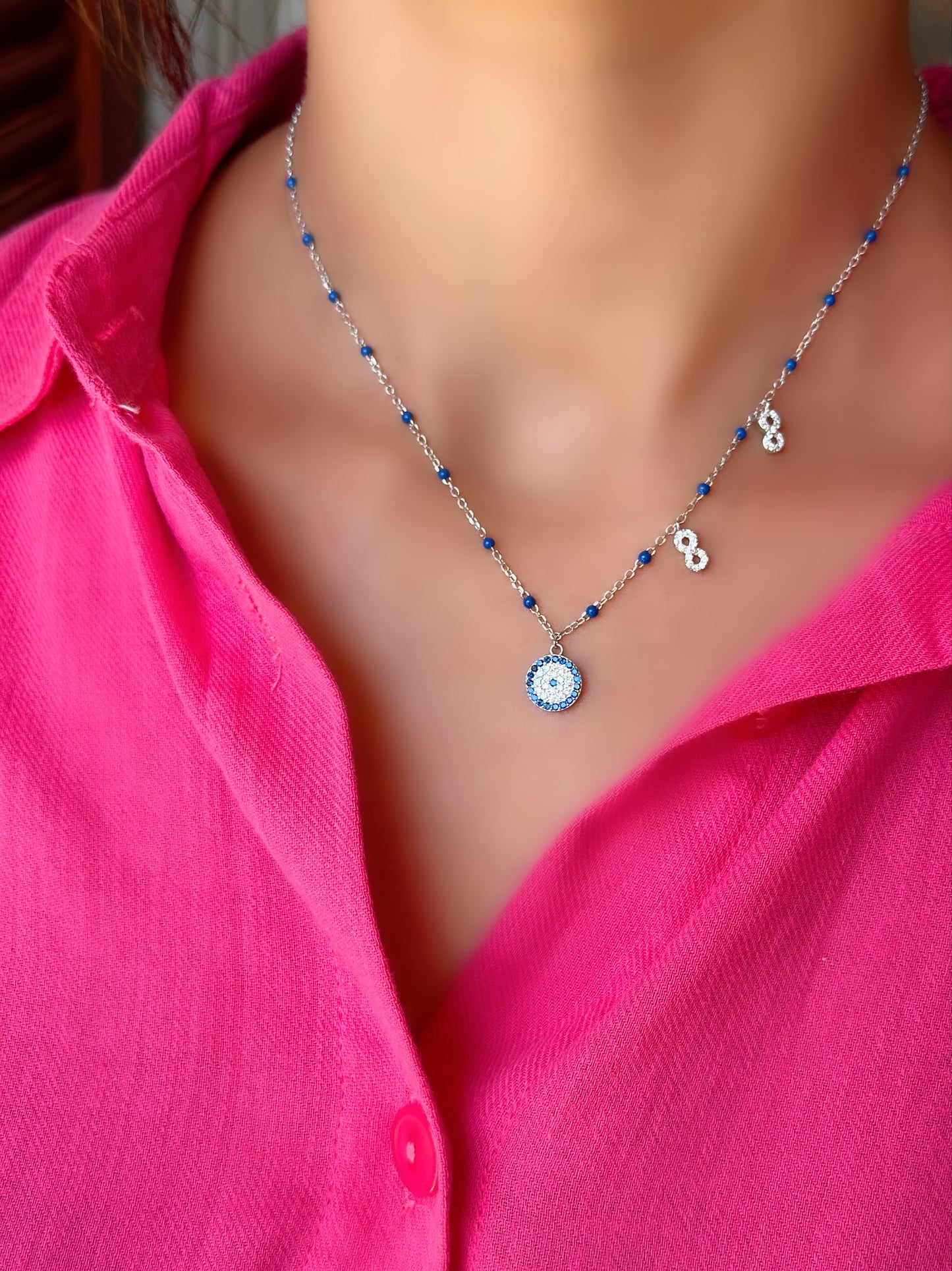 Blue Beads Necklace with Infinity & Evil Eye