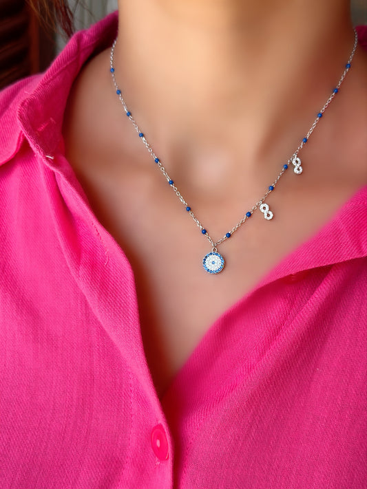 Blue Beads Necklace with Infinity & Evil Eye