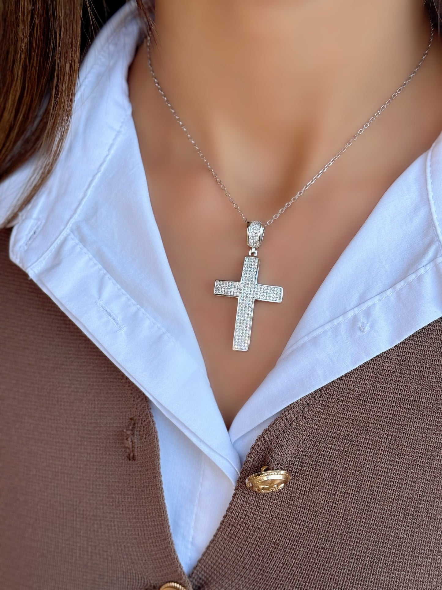 Big Cross Necklace With White Stones