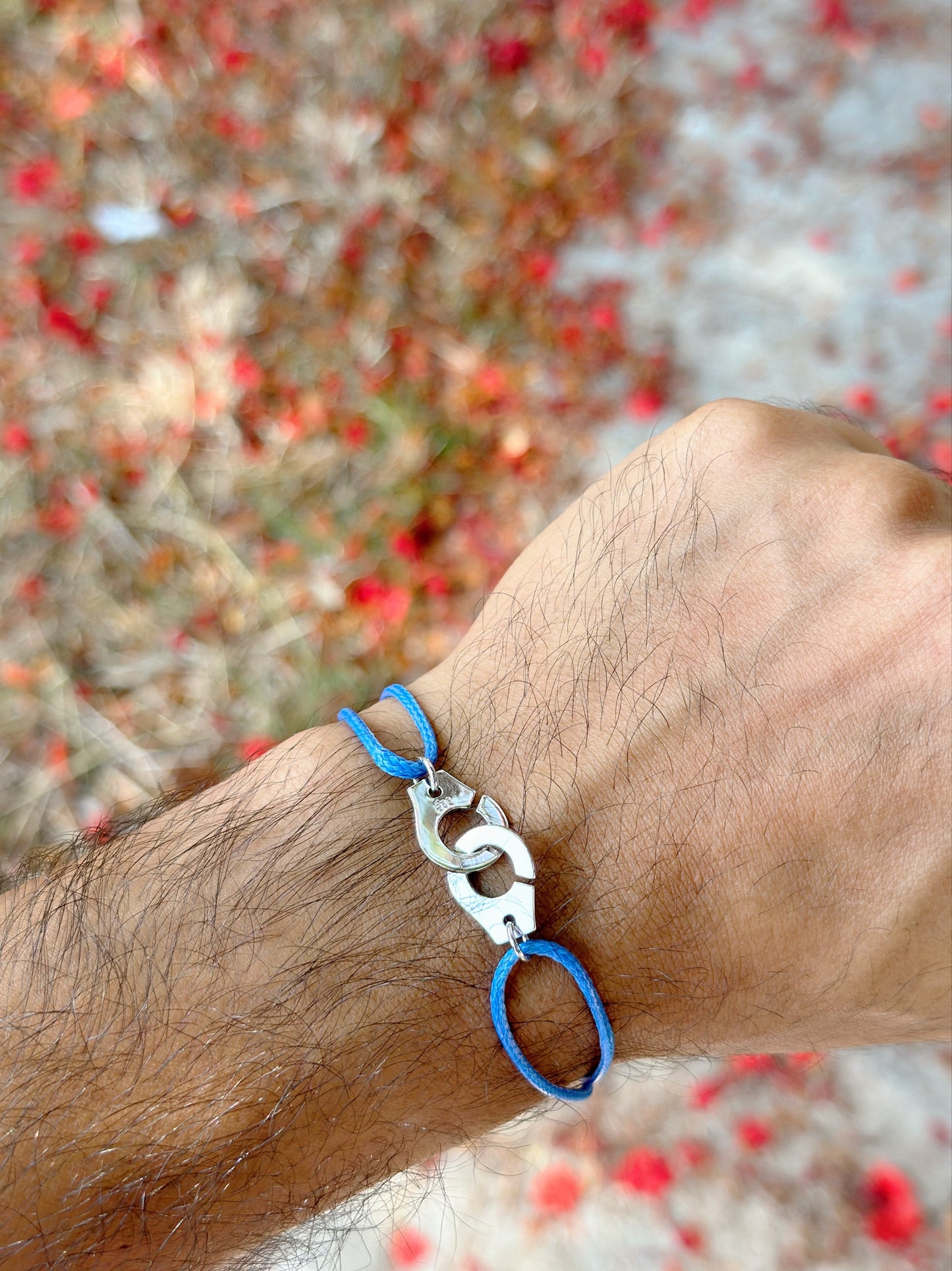 Silver Handcuffs With Blue Cord For Men