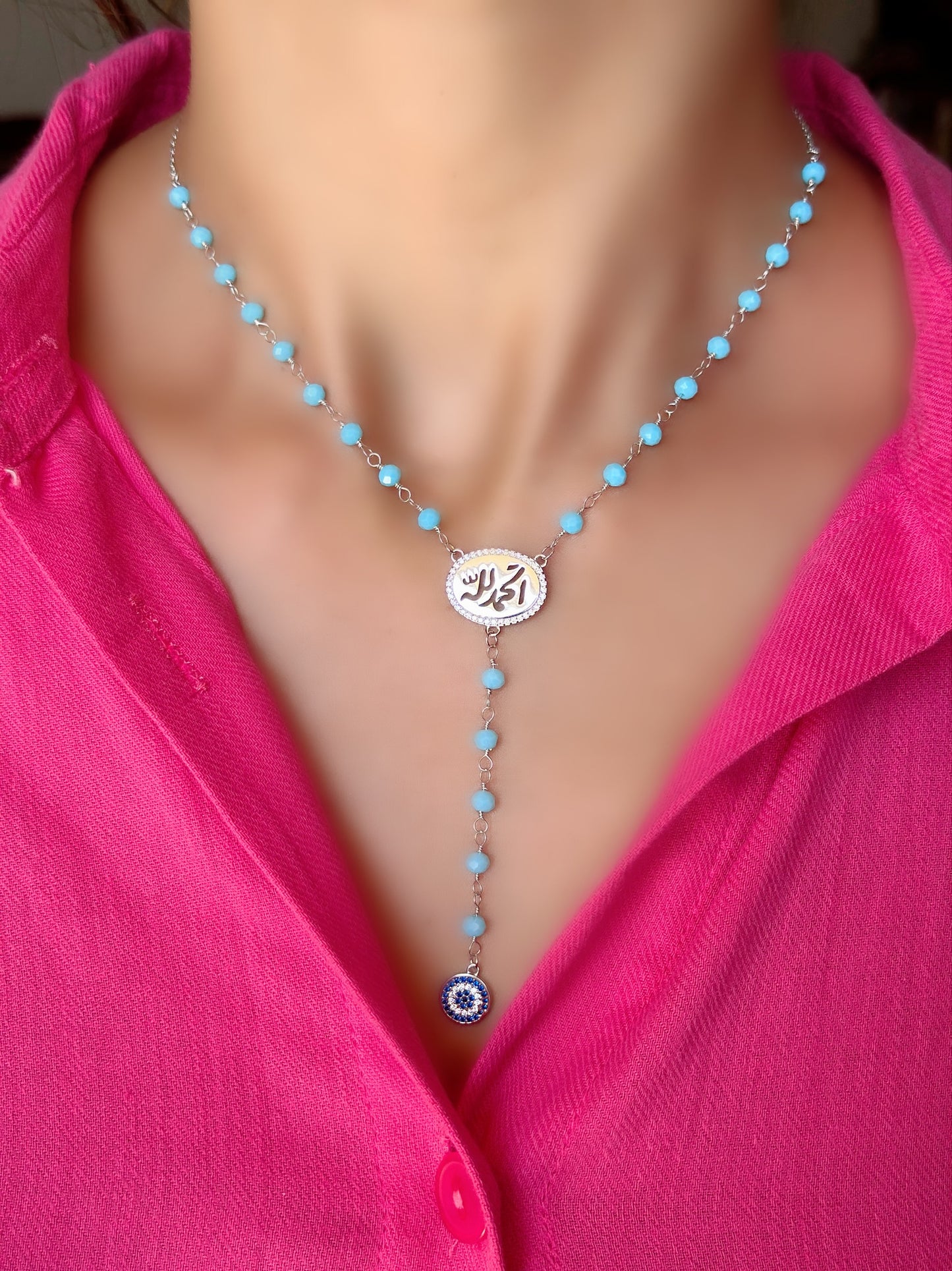 Light Blue Beads Necklace With Evil Eye Pendant