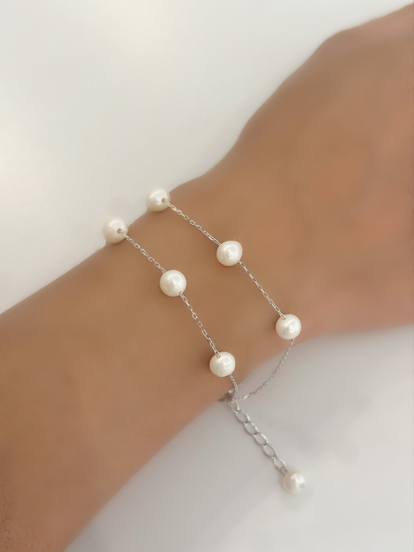 Double Chain With Small Real Pearls Bracelet