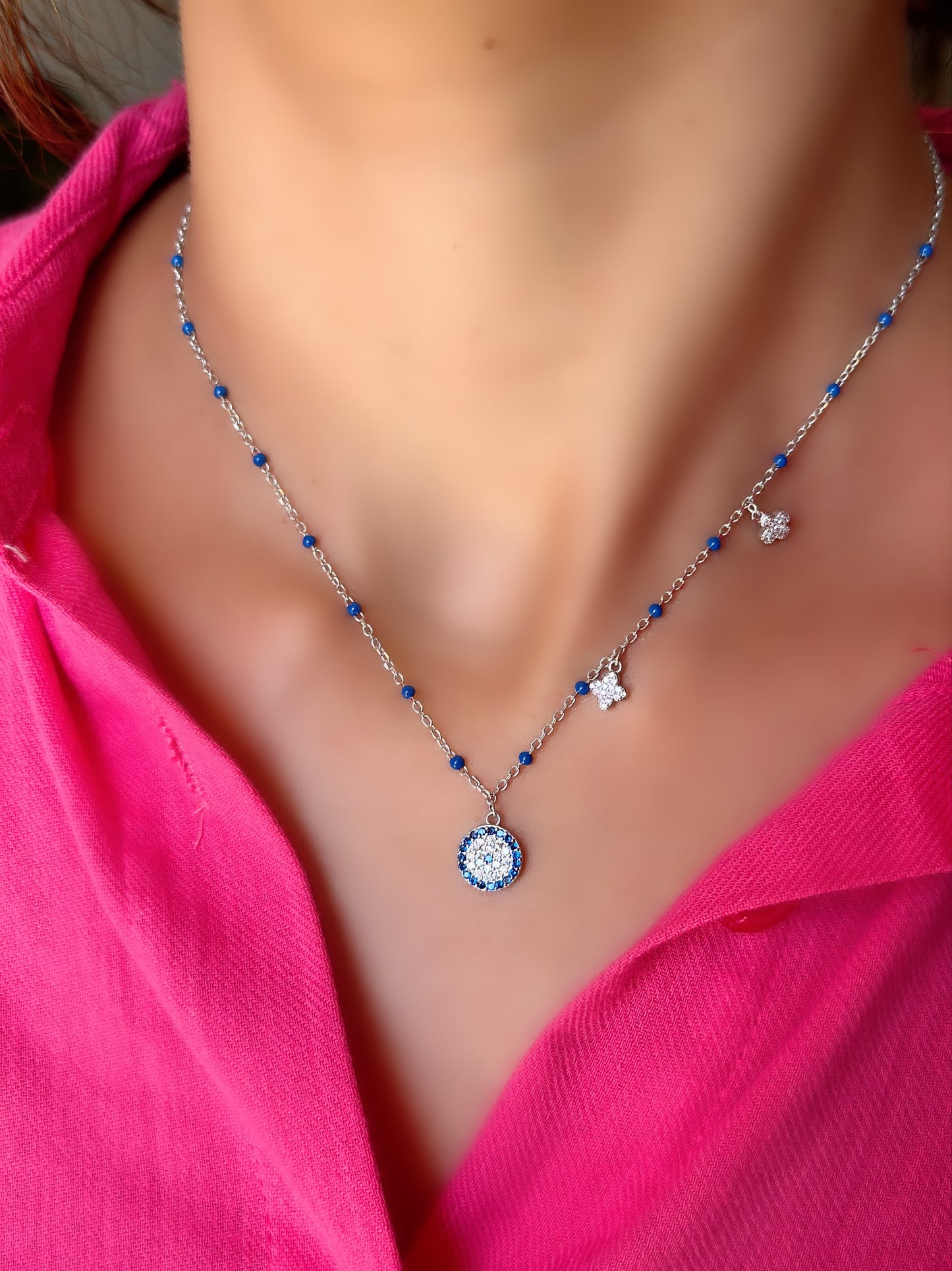 Blue Beads Necklace With Evil Eye & Small White Van Cleef