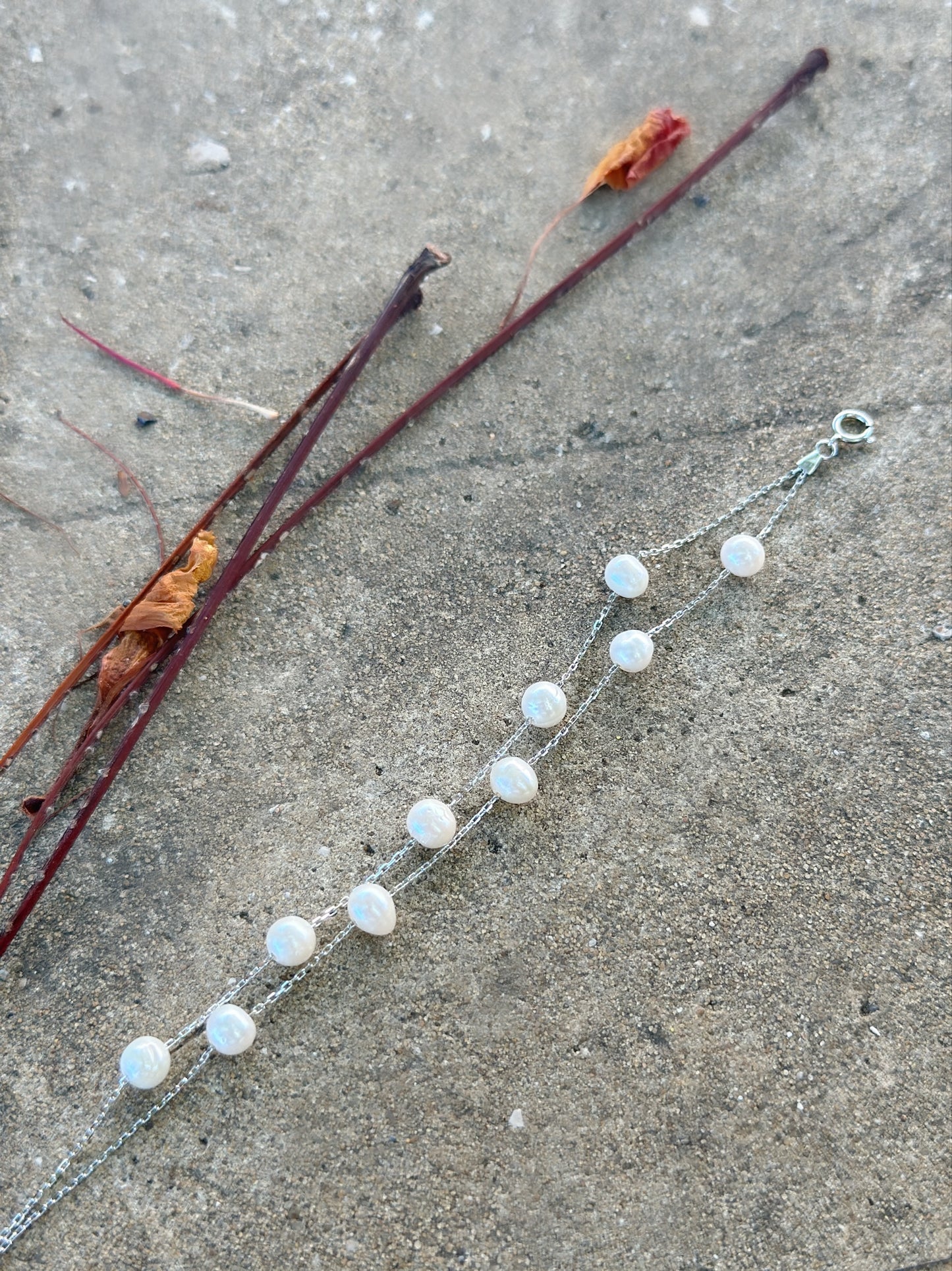 Double Chain With Small Real Pearls Bracelet