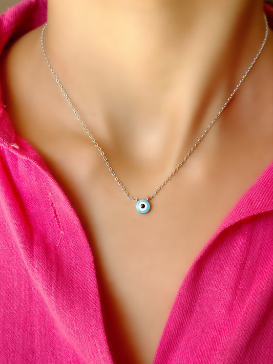 Small Round Evil Eye Necklace White & Light Blue Color