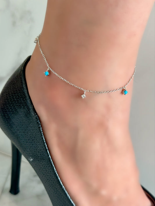 Small White Round Stone With Blue Beads Anklet