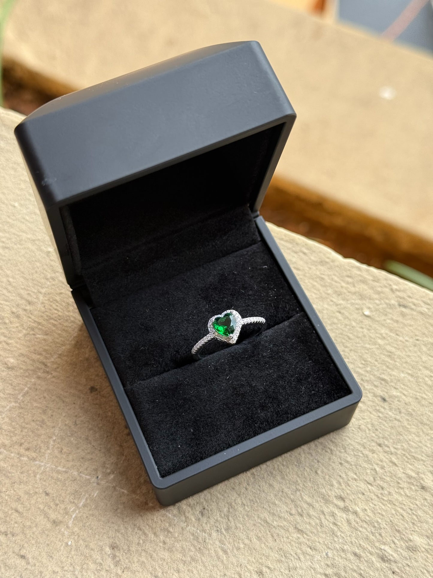 Heart Ring Green Stone Color With Special Led light Box