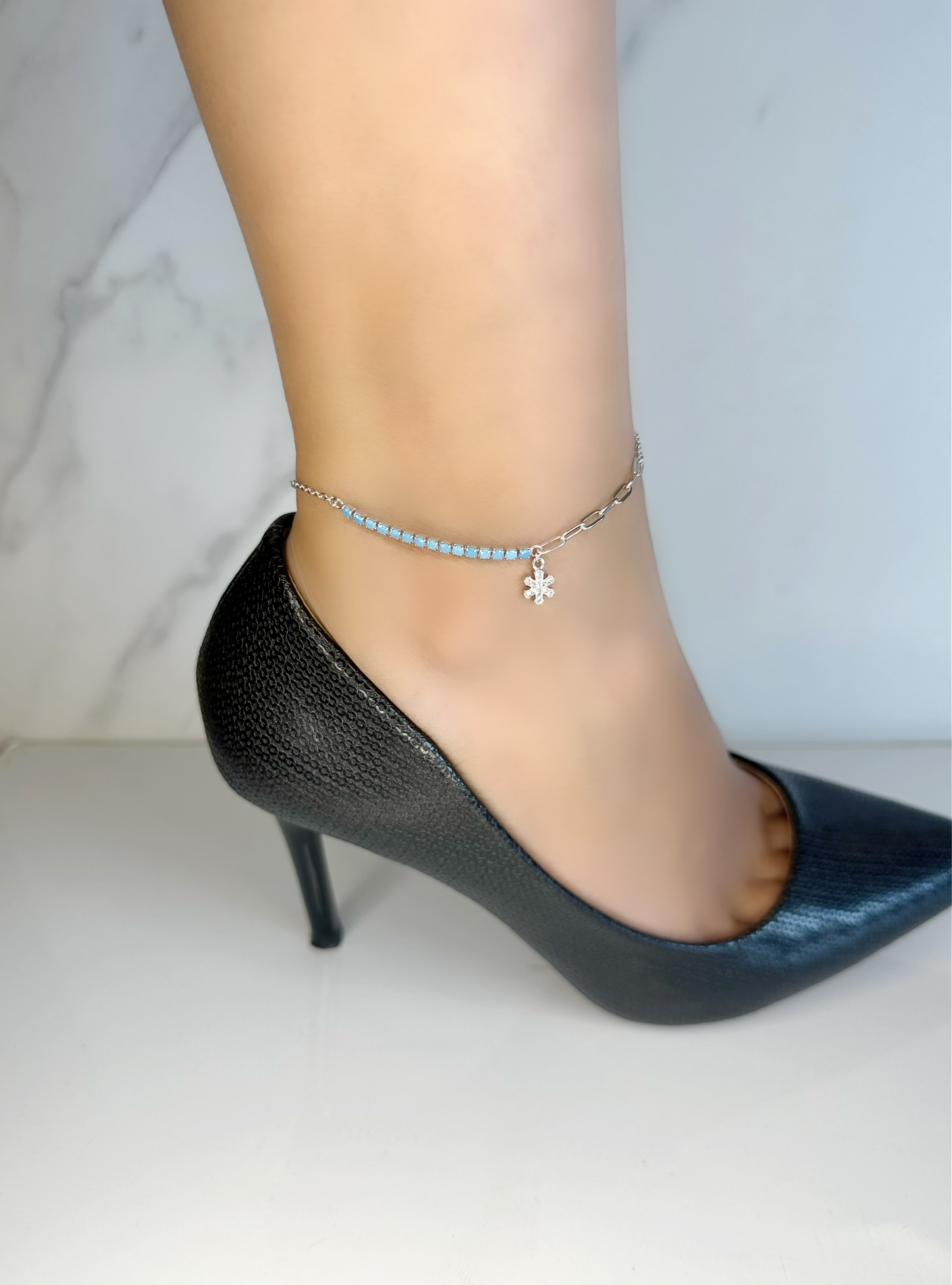 Flower Anklet With Half Zircon Stones & Half Paper Clip Chain