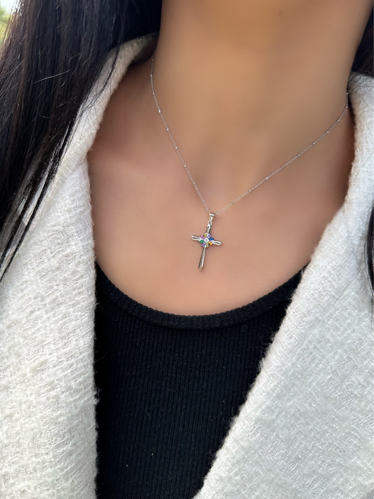 Cross Necklace With Colored Stones